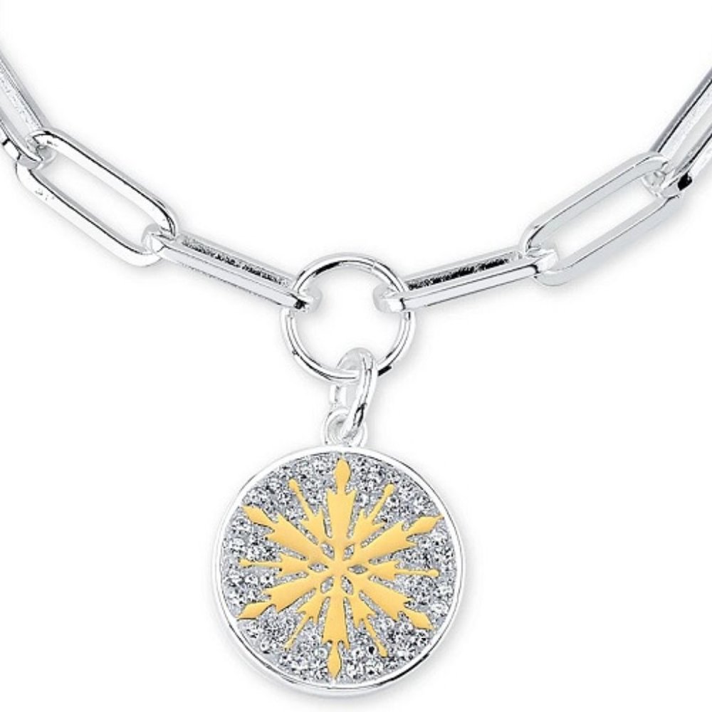 DISNEY FROZEN 2 CRYSTAL SNOWFLAKE TWO-TONE FINE SILVER PLATED CHARM BRACELET~NEW
